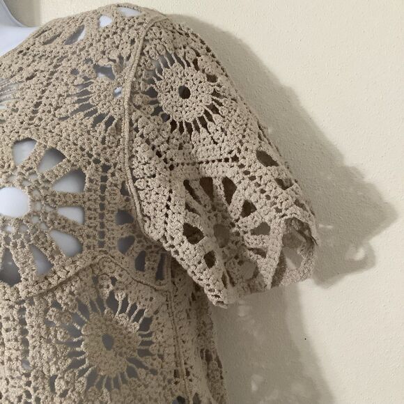 Kings Road Tan Crochet Boho Beachy Summer Festival Fairy Hippie Crop Top S - Picture 3 of 10